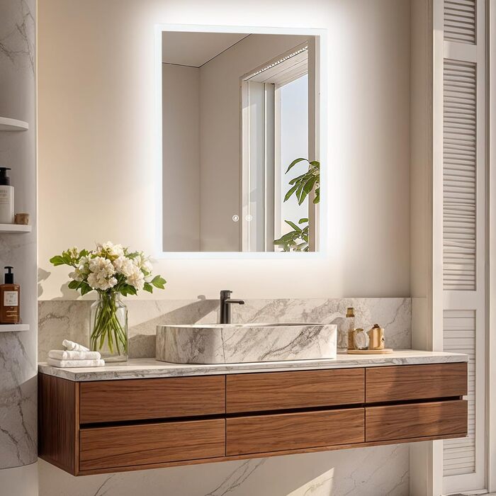 Дзеркало для ванної кімнати LUVODI з підсвічуванням 40x50 см: регульоване LED дзеркало з 3 кольорами світла, 2 сенсорні кнопки, запобігає запотіванню, водонепроникне, монтаж на стіну (70L x 50B см)