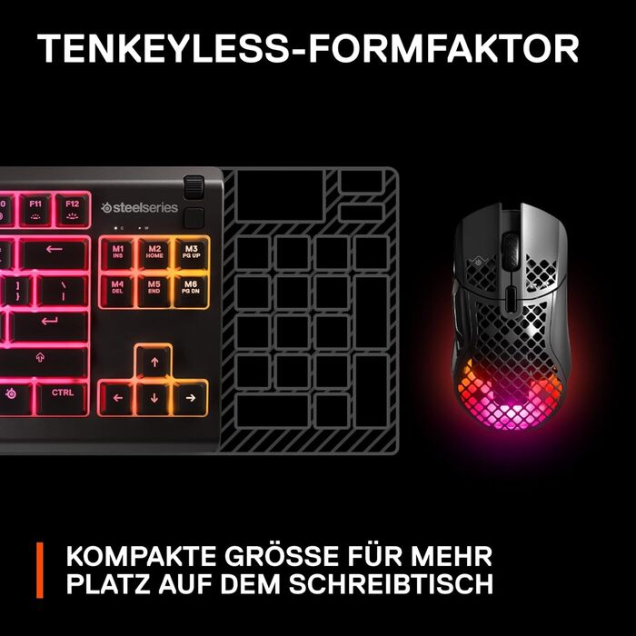 Клавіатура SteelSeries Apex 3 TKL для ігор – RGB, компактний TKL, 8 зон RGB-підсвічування, стійка до води та пилу, тихі ігрові клавіші, DE Layout QWERTZ, чорний колір