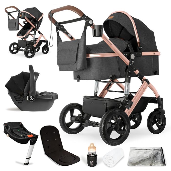 Дитяча коляска Bergsteiger Nizza 3 в 1 (Комплект) сірого кольору: автокрісло, шасі rose golden, люлька, прогулянковий блок + Isofix база