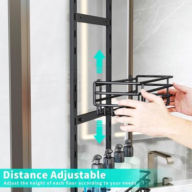 Дзеркальна поличка для душу HapiRm на двері з 22 гачками та тримачами для зубних щіток - 5 ярусів (Чорний)