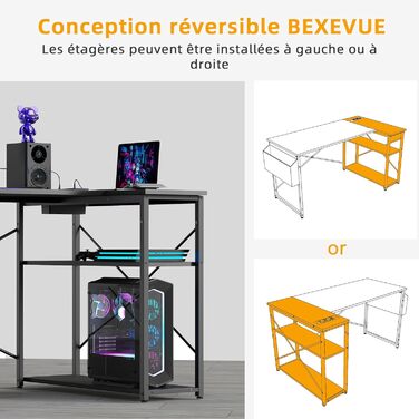 Кутовий стіл BEXEVUE для геймінгу та роботи 120x70 см з полицями, чорний