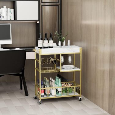 Сервісний візок Huhote з 3 ярусами, білий: візок для вина, кухонний візок з кошиком та відкидним столиком, 64 x 34 x 84 см