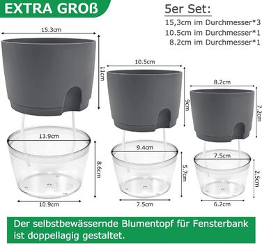 Набір горщиків для трав на кухню, самополив, 3 шт. (18.2x11x15.3 см), для свіжих кухонних трав, сірий