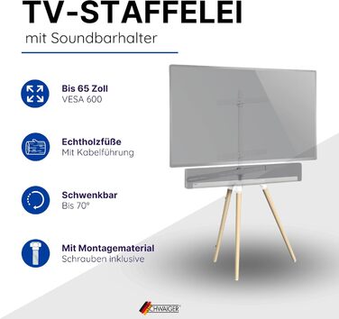 Підставка для телевізора Schwaiger 658200: дерев'яна стійка-монопод для телевізорів до 65 дюймів, до 35 кг, з кріпленням для саундбару, білий/бук, справжнє дерево, преміум-якість