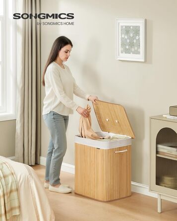 Кошик для білизни SONGMICS з кришкою, 2 відділення, 120 літрів, бамбук, складний, знімний мішок для прання, з ручками, для ванної кімнати, спальні, натуральний колір