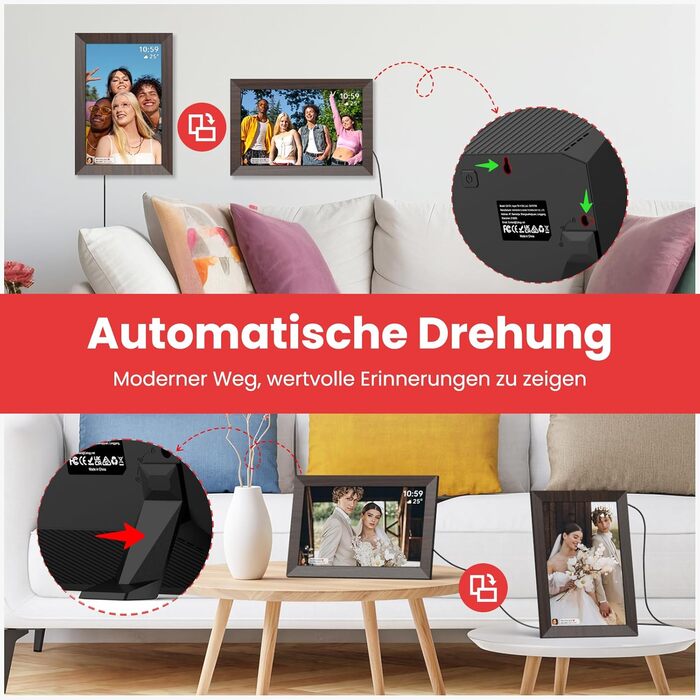 Frameo Цифровий фоторамка WiFi, 10.1 дюйма, HD IPS сенсорний екран, 32 ГБ пам'яті, автоматичне обертання, хмарна підтримка, віддалене завантаження фото та відео