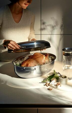 Жаростійкий бризер WMF з кришкою, 8,5л, для індукційних плит, Cromargan нержавіюча сталь, з термометром, 41x28,5x18 см