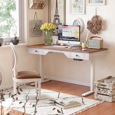 FEZIBO Стол стоячий електричний, регульований, з 2 шухлядами, 140 x 60 см, дерево (світле дерево), білий каркас (2 шт.)