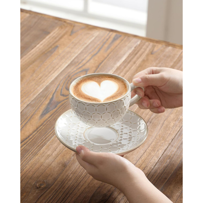 Набір посуду MALACASA LYDIA для 4 осіб (16 предметів) з кераміки з рельєфом, бежевий (4 чашки 180 мл)