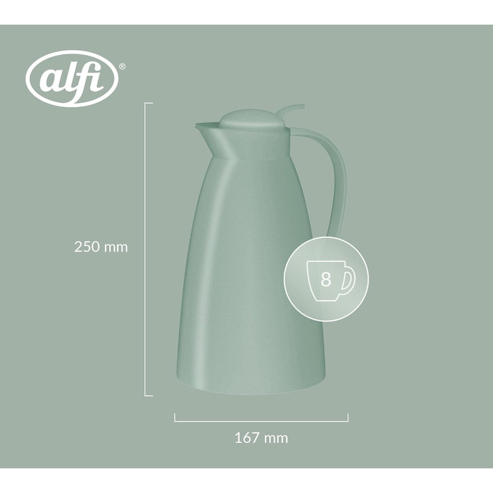 Термос Alfi ECO 1.0л з термоізоляційним скляним вкладишем, кришкою з поворотним механізмом та зручною кнопкою, для зручного наливання однією рукою, ідеальний для кави та чаю, BPA Free (М'ятно-зелений)