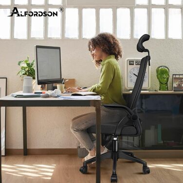 Офісний крісло ALFORDSON з динамічною підтримкою попереку, чорний. Ергономічний поворотний стілець з відкидними підлокітниками для комп'ютера