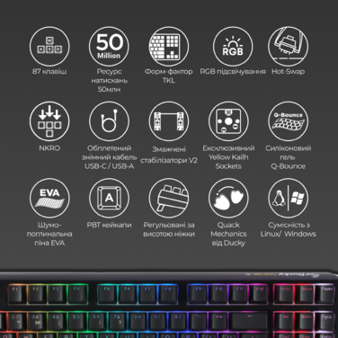 Механічна клавіатура Ducky One 3 TKL Cherry MX Blue RGB Black UA