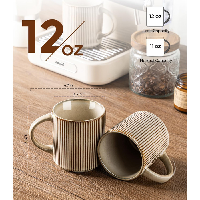 Набір посуду GBhome з каменю, 12 предметів, для 4 осіб, ручна робота, з реактивною глазур'ю, безпечний для мікрохвильової печі та посудомийної машини (Cappuccino, 6 чашок)