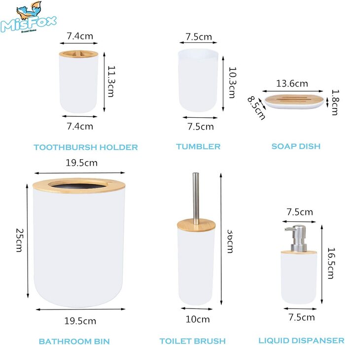 Бамбуковий набір для ванни дозатор лосьйону, відро для сміття, тримач для зубної щітки, кружка, щітка, миска (біла), 6 шт.