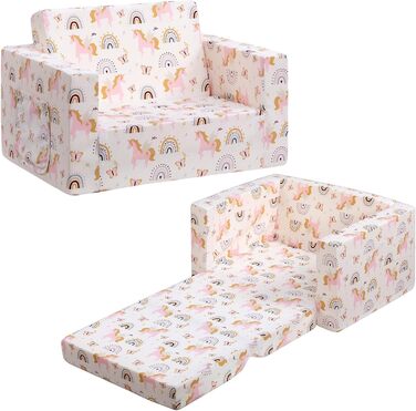 Дитяче розкладне диван-крісло BEJOY 2 в 1, Sherpa, з єдинорогом, бежевий, для дитячої кімнати, подарунок на день народження