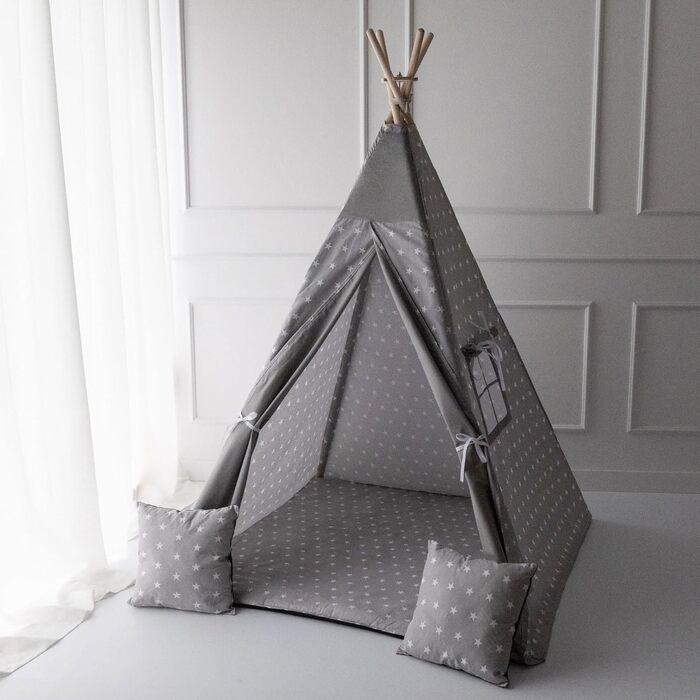 Дитяче намет PaLulli® Tipi з бавовни, з м'яким килимком, системою стабілізації, лампою-ліхтарем та декоративними подушками (сірий зі зірками)