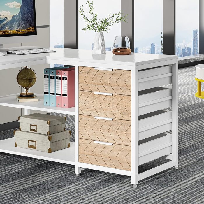 Кутовий стіл Tribesigns L-подібний з 4 висувними ящиками, 2 полицями, для офісу, кабінету, вітальні, 150x110x75 см (горіх & білий)