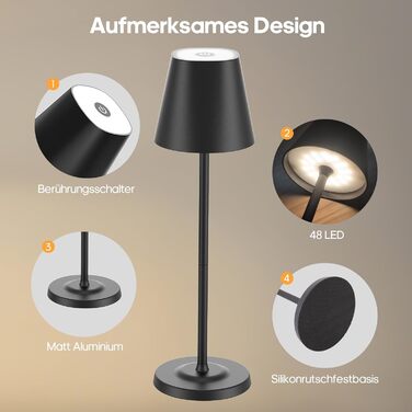 LED лампа настільна бездротова GOODEA з регулюванням висоти, 5500mAh, 3 кольори, диммування, вологостійка, з сенсорним керуванням, алюміній, для вітальні, спальні, тераси, чорна, набір 2 шт.