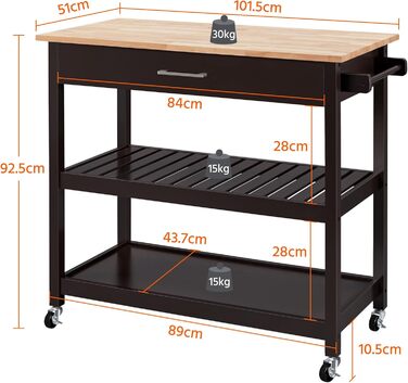 Сервізний візок Yaheetech з шухлядою, кухонний візок з 2 полицями, на коліщатках, 51 x 101,5 x 92 см, білий (Espresso)
