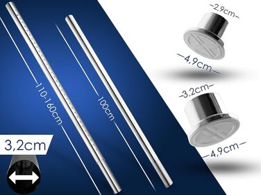 Штанга для душу без свердління 160-210 см, Ø 32 мм, штанга для завіс з кріпленнями - клямки, для ванної кімнати, кухні та міжкімнатних перегородок (210-260 см, нержавіюча сталь срібна)