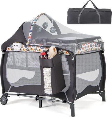 Дитяче ліжко-манеж DREAMADE 102x72 см, 3 в 1 з матрацом, москітною сіткою та пеленальним столиком, для немовлят та дітей 0-36 місяців (кольоровий)