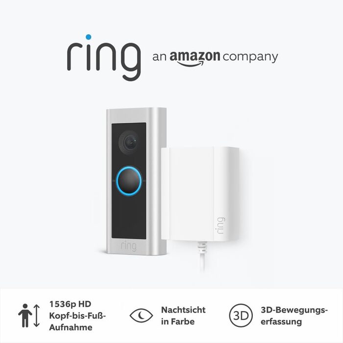 Відеодзвінок Ring Pro від Amazon | Камера відеодзвінка з Wi-Fi, 1536p HD, 3D-детектор руху, запис від голови до ніг