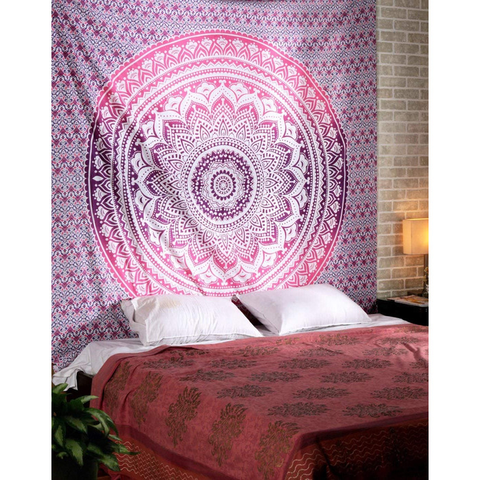 Гобелен королеви 228x213 см-рожевий декор для кімнати, настінний декоративний гобелен в стилі хіпі, Омбре, мандала, богемний, індійський, гуртожиток