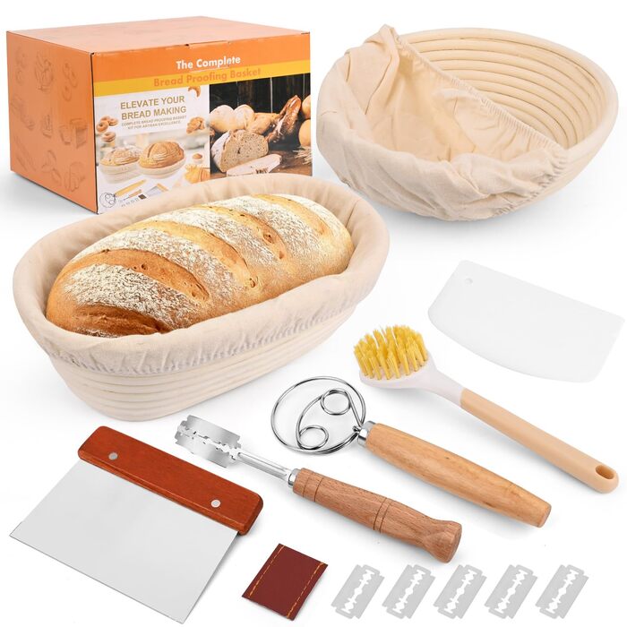 Набір для випікання хліба Gärkorb, повний комплект аксесуарів для випікання хліба (23см круглий & 25см овальний), скребок для тіста, льняний вкладиш, мішалка для тіста & лопатка для хліба. Набір для випікання хліба для початківців та професіоналів