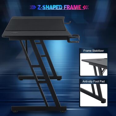 Ігровий стіл 120x60 см з А-подносінням, стіл для комп'ютера з тримачем для напоїв та гачком для навушників, карбонове покриття, стійкий, ергономічний для дому та офісу