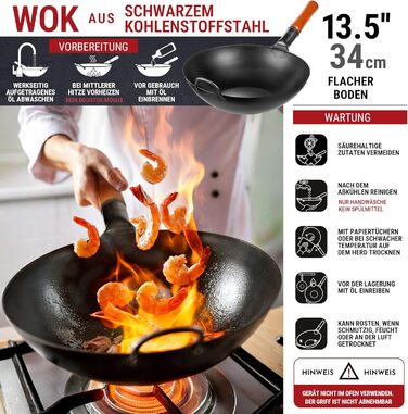 Вок YOSUKATA з вуглецевої сталі 34 см - попередньо обпалений, плоский, для індукційних та газових плит