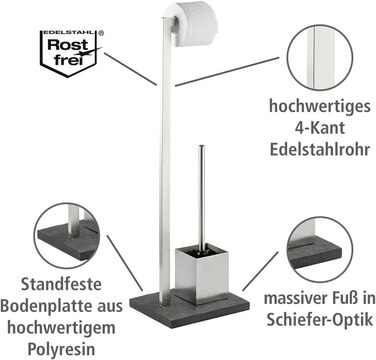 Набір для стоячого унітазу WENKO Slate-Rock, підставка для туалетного паперу та щітки, тримач туалетного рулону у вигляді сланцю, тримач рулону в комплекті зі щіткою, нержавіюча сталь, антрацит