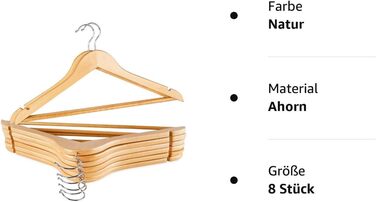 Дерев'яна вішалка Homewit з вирізами для спідниць, штанга для штанів, гачок, що обертається на 360, нековзний, 44,5 Д х 23 Ш см (натуральний, 8 шт.)