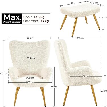 Крісло-мішок Yaheetech з пуфом, біле, з м'якою оббивкою з поліестеру. Крісло для відпочинку, телевізора, коктейлів.