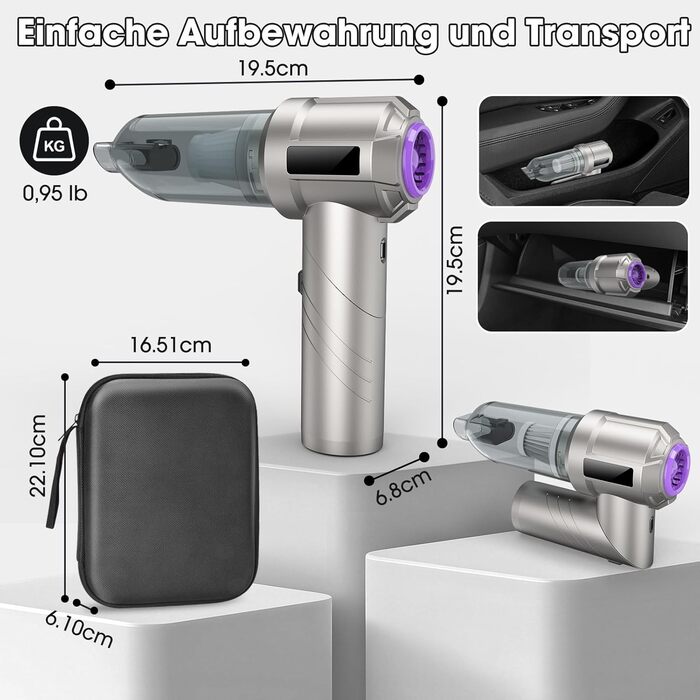 Акумуляторний ручний пилосмок для авто та дому 22000Па, безщітковий двигун, з функцією видування, 3 HEPA-фільтрами та набором щіток