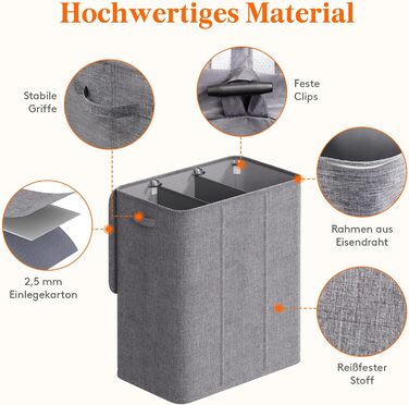 Кошик для білизни Lifewit 3 відділення, кошик для білизни з кришкою, 3 знімні мішки для білизни, 160 л, світло-сірий
