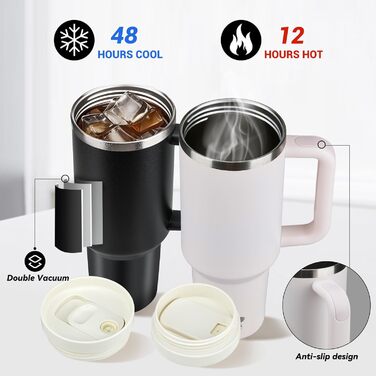 Термокружка-пляшка 1200 мл з трубочкою та антиковзним ручками, BPA Free, подвійні стінки, ізоляція для авто, офісу, відпочинку (Пастельно-рожевий, Біло-рожевий, Чорний)