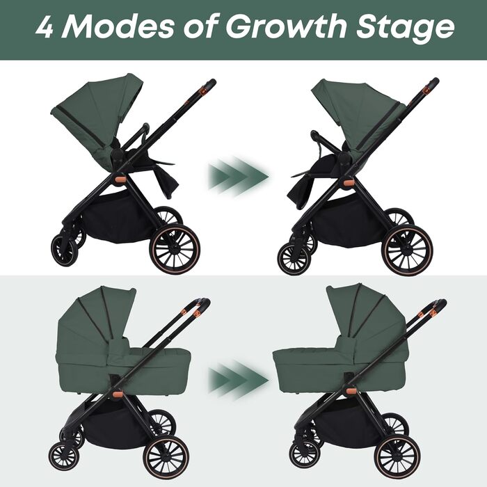 Дитяча коляска 2-в-1 BabyVoyage – комбінована коляска з люлькою та прогулянковим блоком, поворотні колеса 360°, амортизація, регульована ручка, складна конструкція, аксесуари, колір зелений
