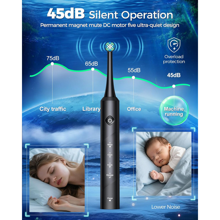 Електрична зубна щітка Rotierende для дорослих з 8 насадками, 4 режимами чищення, акумулятором на 60 днів та смарт-таймером 2 хв - професійна електрична зубна щітка (чорна)