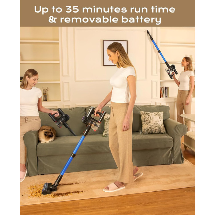 Бездротовий акумуляторний пилосос V15: 35KPa, 6-в-1, для тварин, тверді підлоги та килими (блакитний)