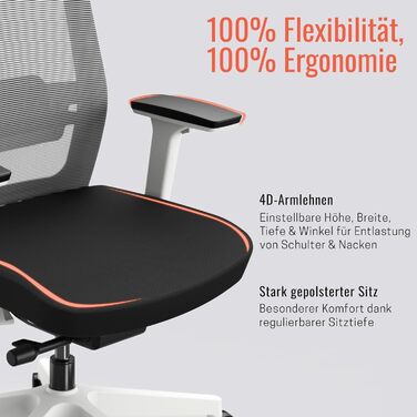 Yaasa Chair Plus: Ергономічне офісне крісло з підголівником, 2D-підтримкою спини та 4D-підлокітниками - Біле, Pro. Переможець тесту! До 150 кг.