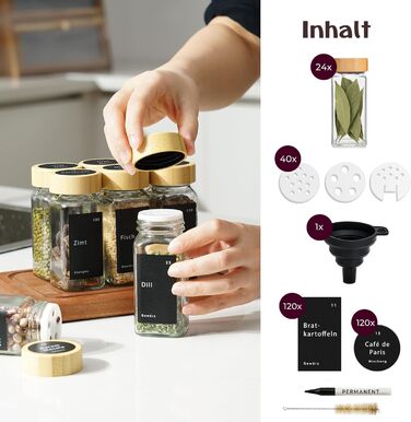 Набір скляних баночок для спецій - 24 шт. з етикетками та бамбуковими кришками, 120 мл, з дозаторами та аксесуарами. Набір контейнерів для спецій, натуральний дизайн