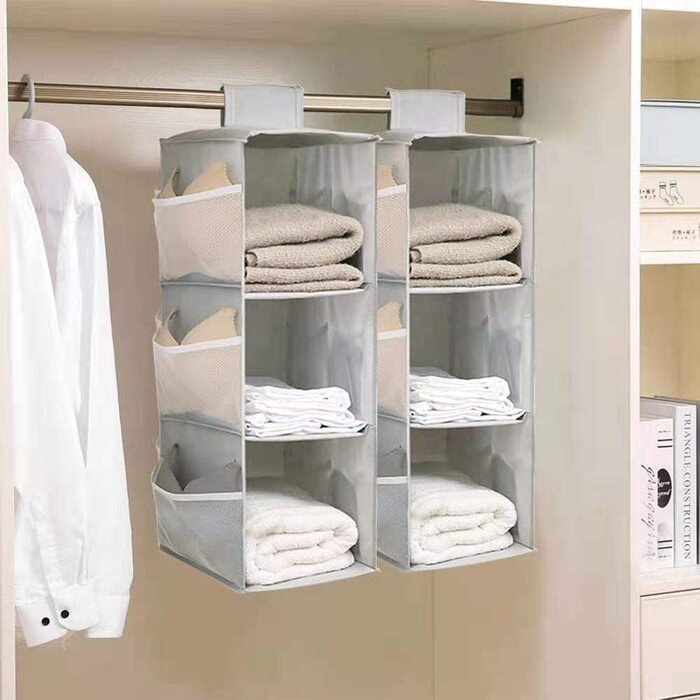 Шафа для зберігання підвісних шаф 3-рівневий миючий шафа для підвісних суконь складаний шафа з кишенями для аксесуарів з Оксфордської тканини (світло-сірий 3-рівневий комплект по 2)