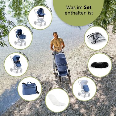 Дитяча коляска Bergsteiger Lugo 3в1 | Комплект 3в1 з аксесуарами: автокрісло, прогулянковий блок, сонцезахист та вітрозахисний чохол | Isofix база доступна (блакитний | рама: срібна)