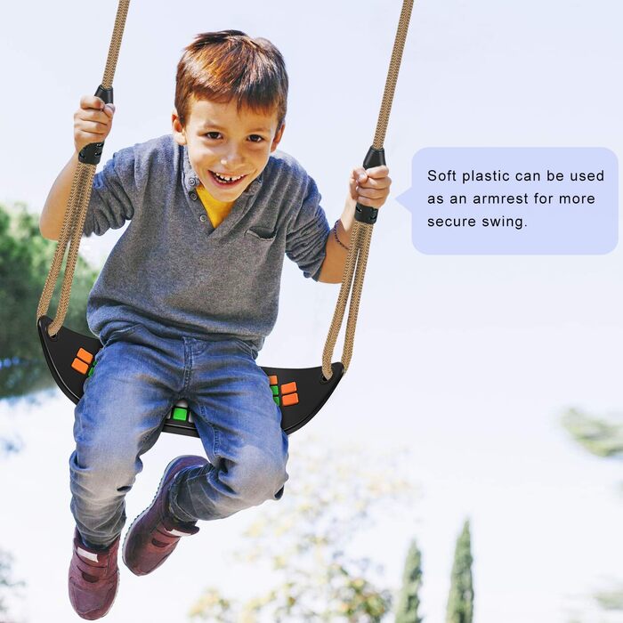 Гойдалка садові SELEWARE з міцним сидінням, 2м регульованим канатом та 2 карабінами, чорна (квадратне сидіння)