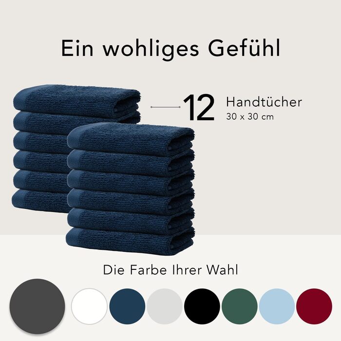Набір для ванної кімнати - 12 рушників - 30x30см - 100 бавовна - М'який та поглинаючий - Oeko-Tex - 500г/м2 - темно-синій