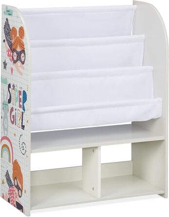 Дитяча книжкова шафа Relaxdays, ВхШхГ 80 x 63 x 30 см, Дитяча полиця з 3 відділеннями та 2 коробками, Для дівчаток, МДФ, Тканина, Барвистий
