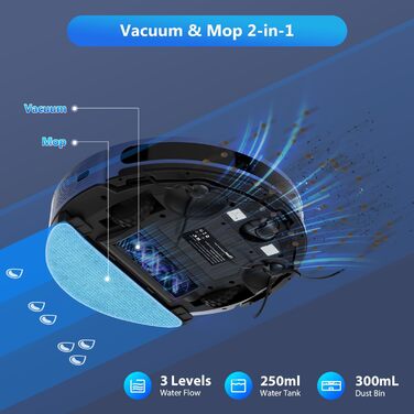 Робот-пилосос Tikom L9000 з функцією миття підлоги, LiDAR, 4000 Па, 150 хв, Wi-Fi, заборонені зони, для шерсті домашніх тварин, синій