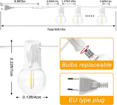 Світлодіодні гірлянди DSLebeen G40 всередині та зовні, 15 м 273 теплі білі лампочки, стійкі до атмосферних впливів, водонепроникні та непорушні гірлянди з виделкою для саду, балкона, весільної вечірки (білий колір 50 футів, білий колір 50 футів)