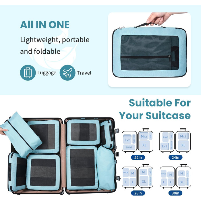 Набір компресійних органайзерів для подорожей з сіткою, розширювані пакувальні куби для одягу в валізу, м'ятний колір, 8 предметів
