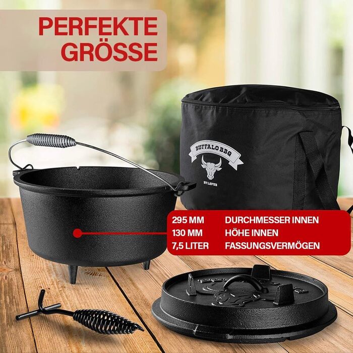 Чавунний казан Dutch Oven BUFFALO BBQ на 7,5 л з кришкою 2в1, сумкою та підйомником для кемпінгу та гриля